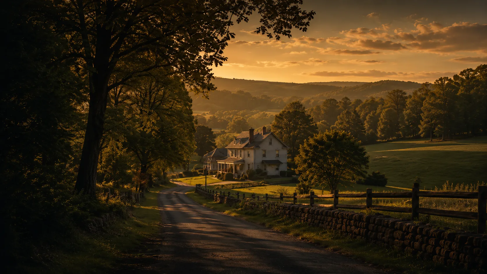 Country road leading to a farmhouse at golden hour