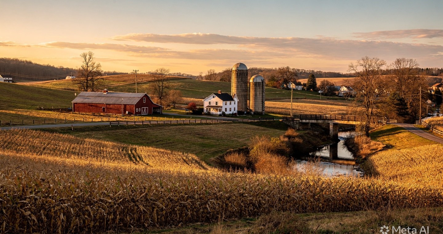 Rolling countryside with a farmhouse, red barn and silos at sunset